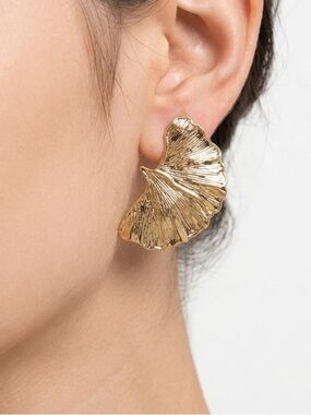 Zara Style Gold Statement Ginkgo Leaf Fan Earrings - Brand New Textured Gold